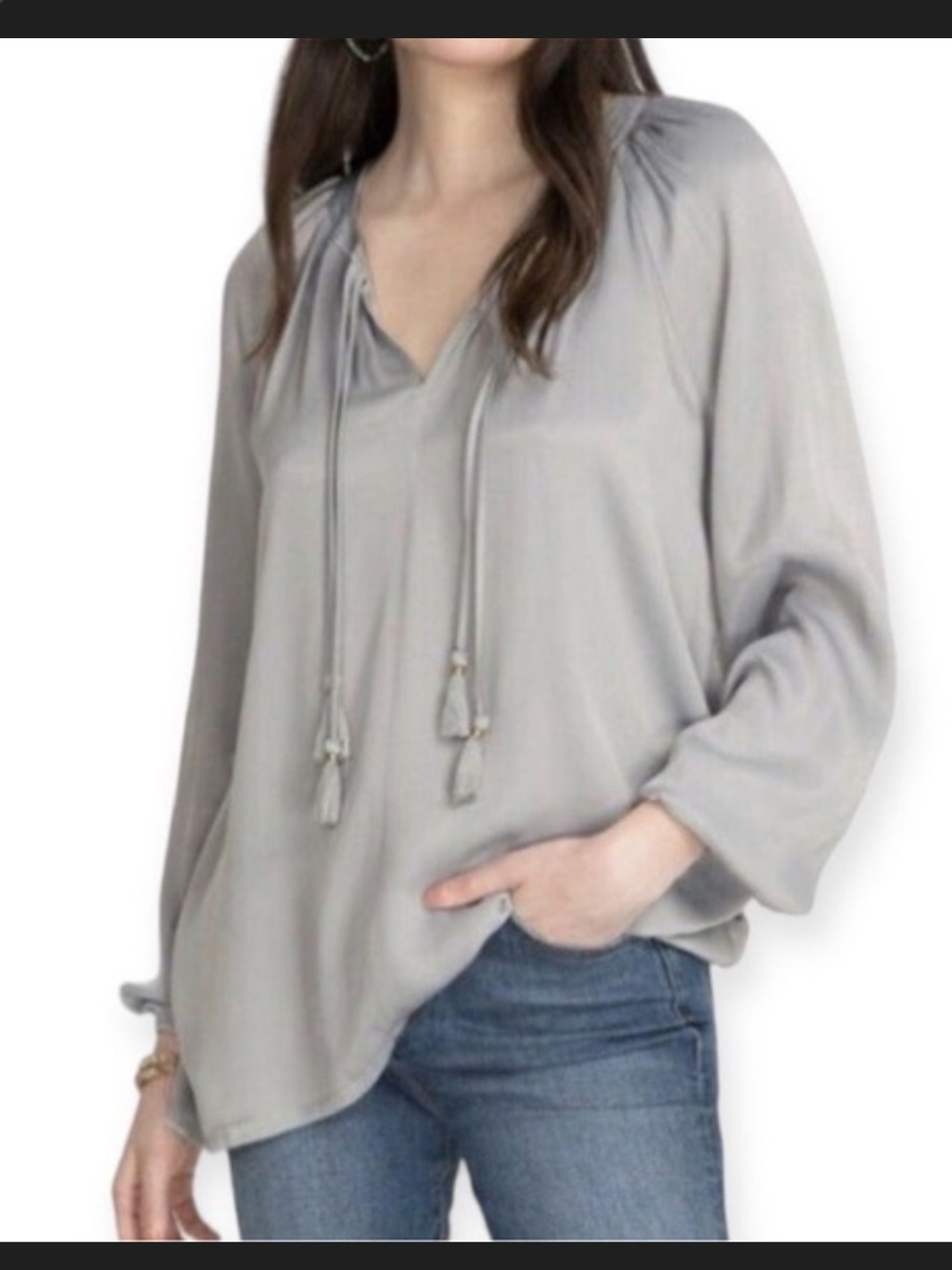 Calme by Johnny Was NWT Silver Gray Silky Peasant Fringe Double Tassel Top Sz L